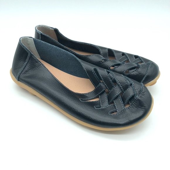 Womens Leather Loafers Flats Woven Slip On Black Size 36 US 6 - Picture 1 of 5